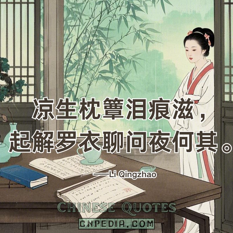Coolness seeps through the mat, tears stain—rising to undress, I ask how late the night is.（凉生枕簟泪痕滋，起解罗衣聊问夜何其。）——Li Qingzhao (1084 – 1155)