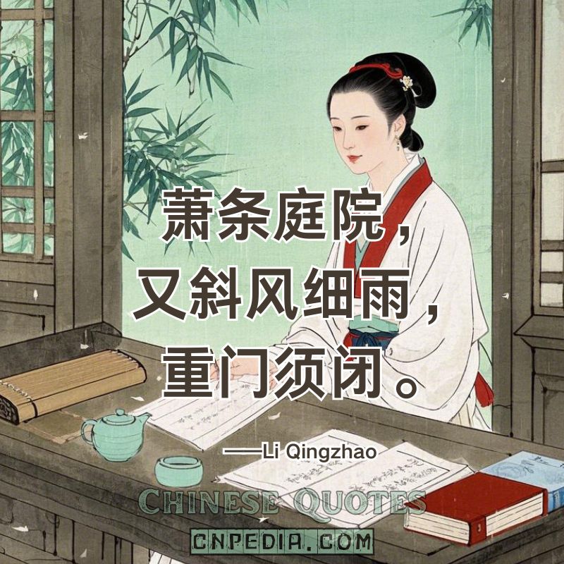 Desolate courtyard, slanting wind, fine rain—bolt the gates again.（萧条庭院，又斜风细雨，重门须闭。）——Li Qingzhao (1084 – 1155)