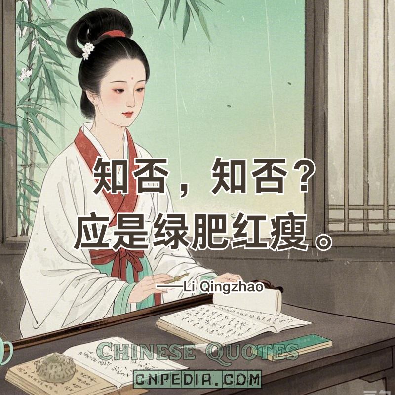 Do you know? Do you know? The green thrives, the red withers.（知否，知否？应是绿肥红瘦。）——Li Qingzhao
