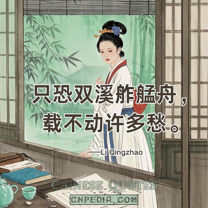 I fear the tiny boat on Twin Creek cannot bear the weight of my sorrow.（只恐双溪舴艋舟，载不动许多愁。）——Li Qingzhao