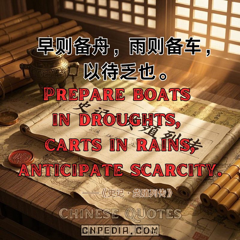Prepare boats in droughts, carts in rains—anticipate scarcity.（早则备舟，雨则备车，以待乏也。）——Records of the Grand Historian Biographies of the Money-makers