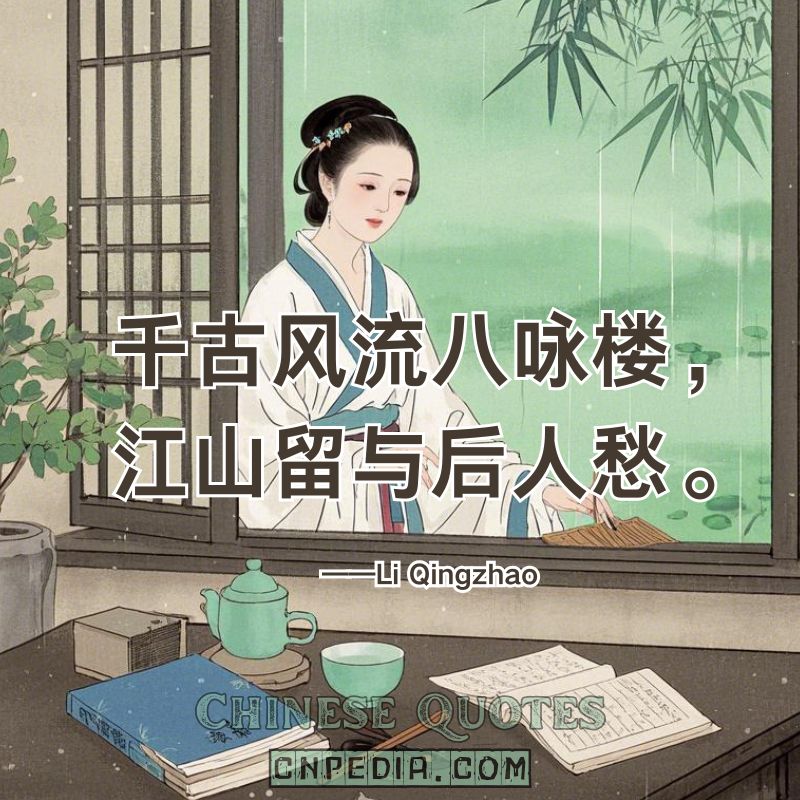 The timeless Eight Songs Tower stands—its legacy, a landscape of future sorrows.（千古风流八咏楼，江山留与后人愁。）——Li Qingzhao