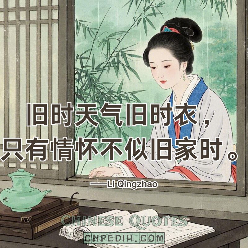 The weather and robes of old remain—only my heart is no longer the same.（旧时天气旧时衣，只有情怀不似旧家时。）——Li Qingzhao