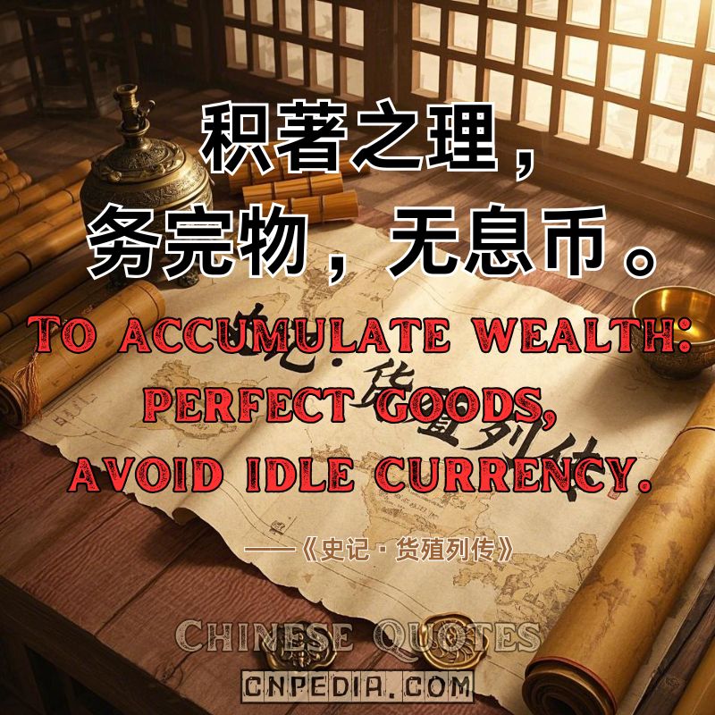 To accumulate wealth perfect goods, avoid idle currency.（积著之理，务完物，无息币。）——Records of the Grand Historian