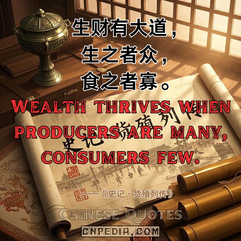 Wealth thrives when producers are many, consumers few.（生财有大道，生之者众，食之者寡。）——Records of the Grand Historian Biographies of the Money-makers
