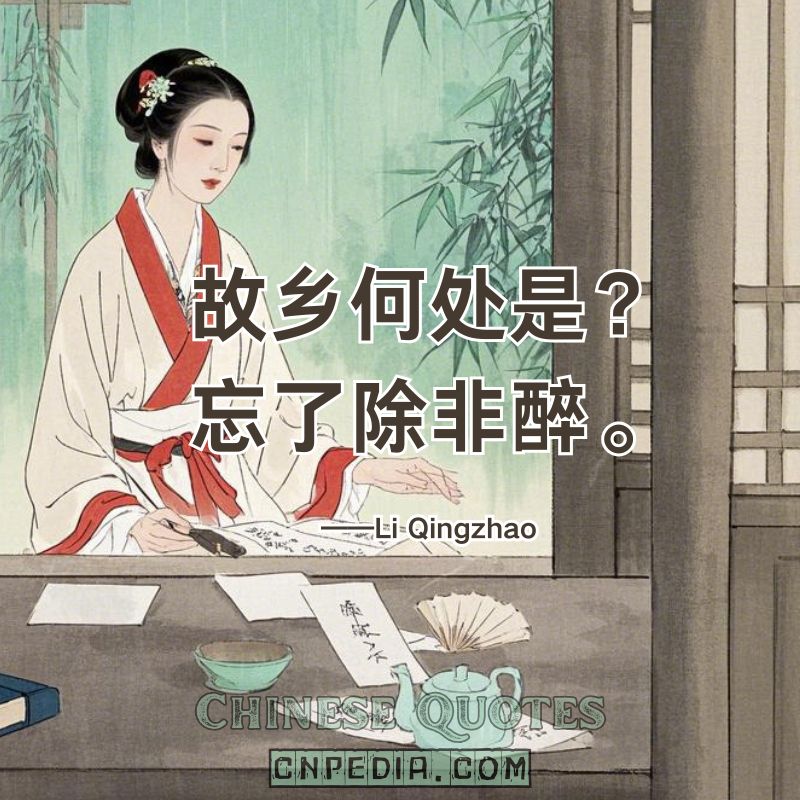 Where is my homeland? Only drunk can I forget.（故乡何处是？忘了除非醉。）——Li Qingzhao (1084 – 1155)